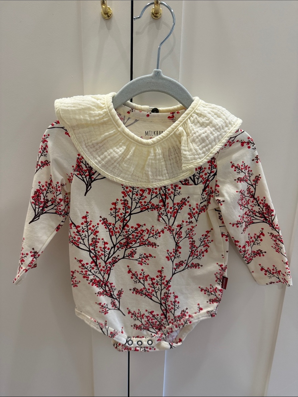 Milkbarn Cream & Red Floral Ruffle Collar Baby Bodysuit